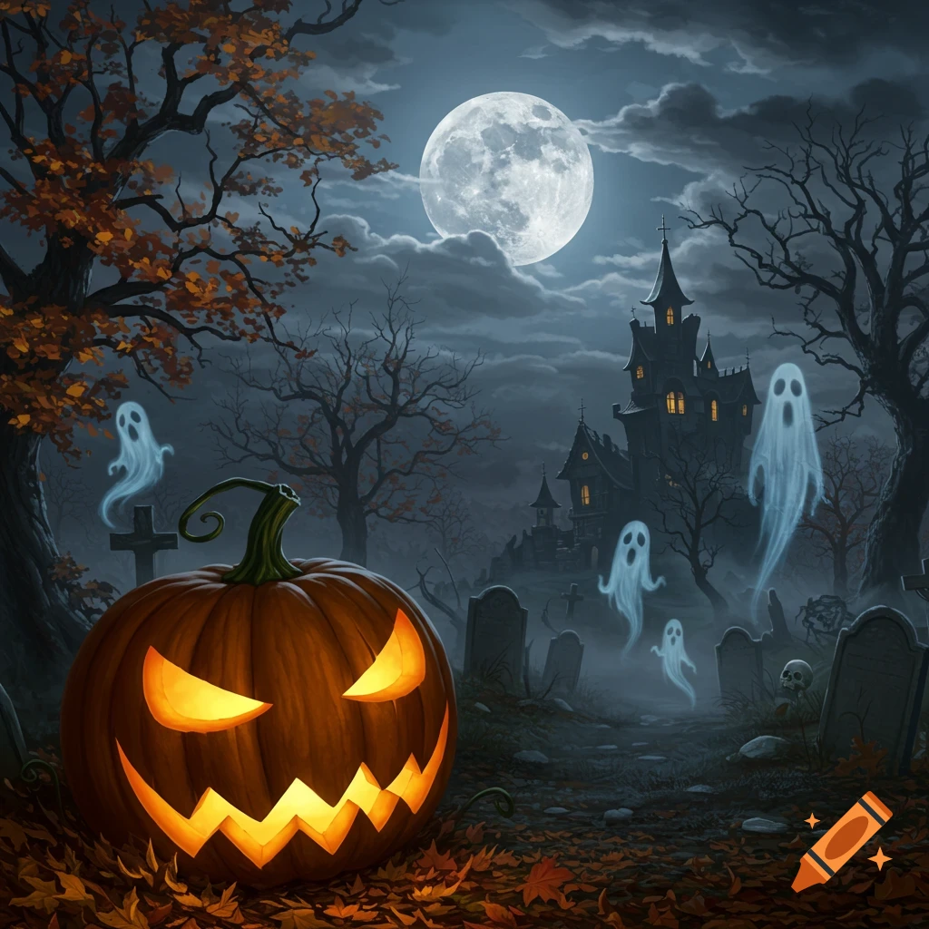 A spooky Halloween night scene with a glowing jack-o'-lantern, several white ghosts, a haunted house, and a full moon above a graveyard.