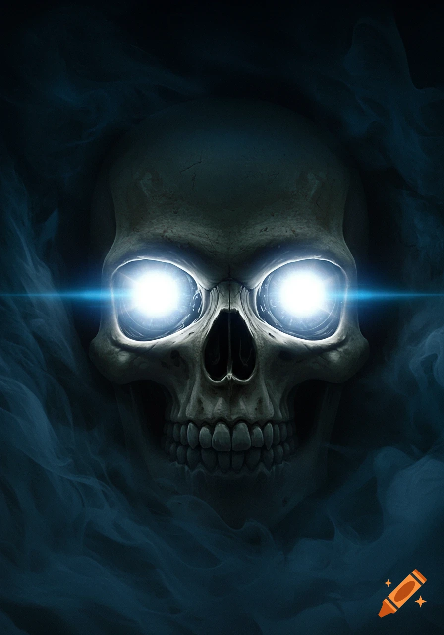 Close-up of a human skull with intensely glowing blue eyes, surrounded by swirling blue-grey smoke.