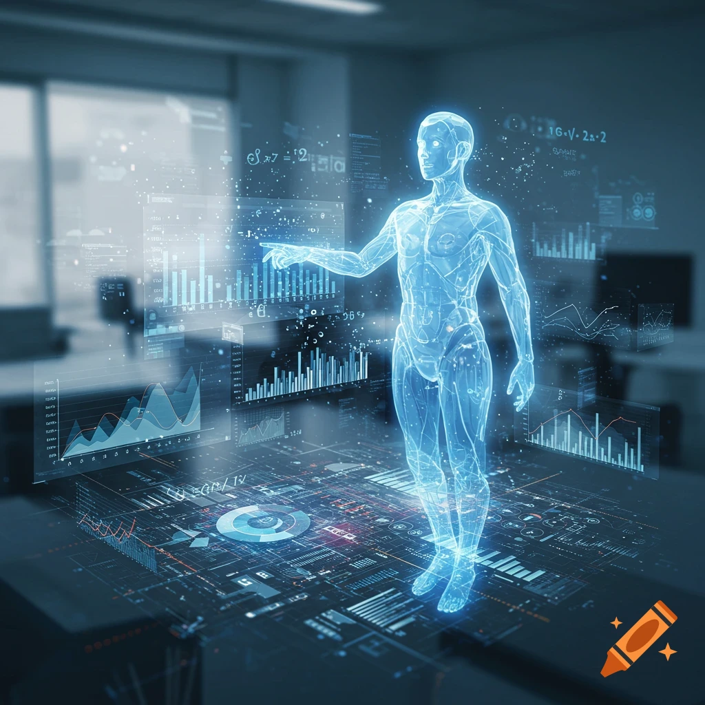 A glowing blue holographic human-like figure interacts with a complex digital interface showing charts and data in a blurry office.