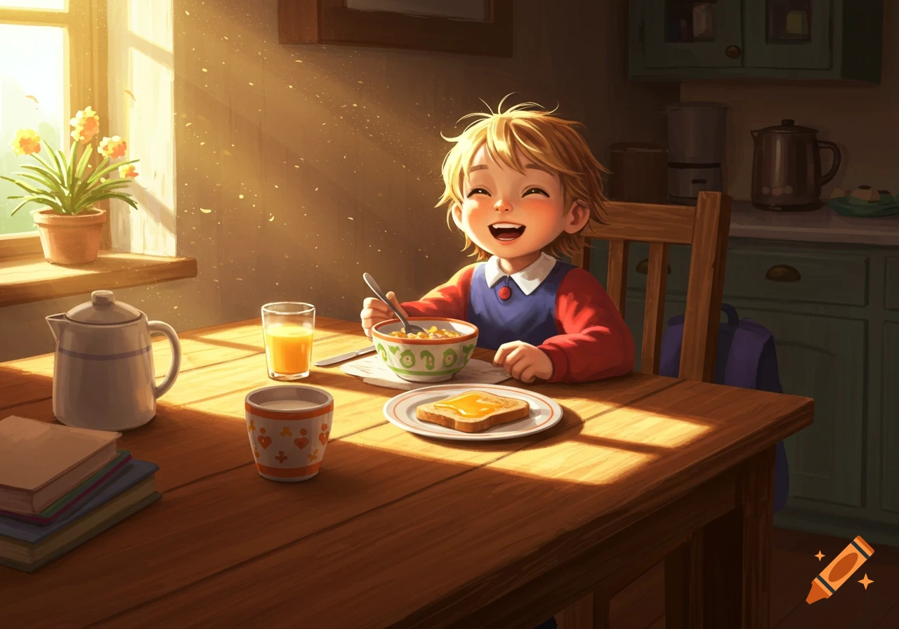 Happy cartoon child with blonde hair eating cereal and toast at a sunny wooden kitchen table.