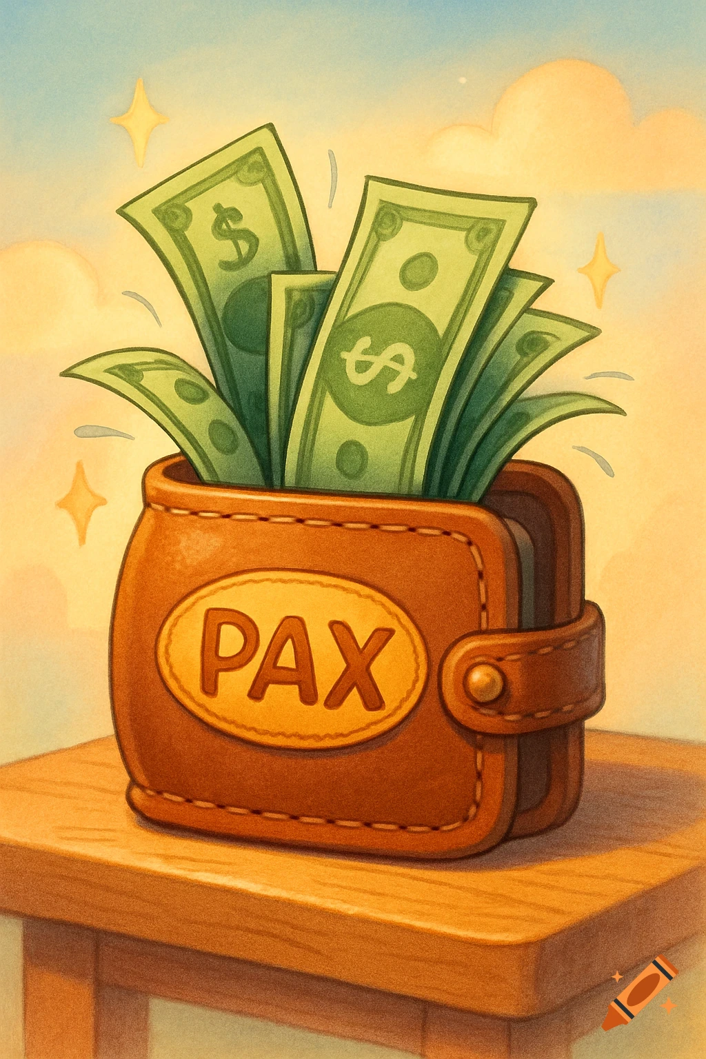 An illustrated brown wallet with 'PAX' on it, overflowing with green dollar bills, sits on a wooden table under a sparkling sky.