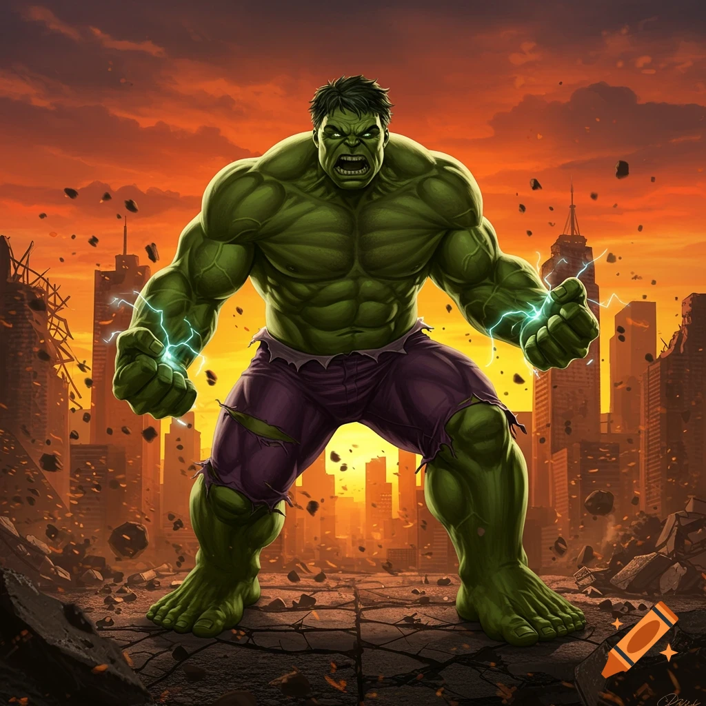 The Hulk, a green muscular superhero, stands enraged in a destroyed city under an orange sky, with lightning around his fists.