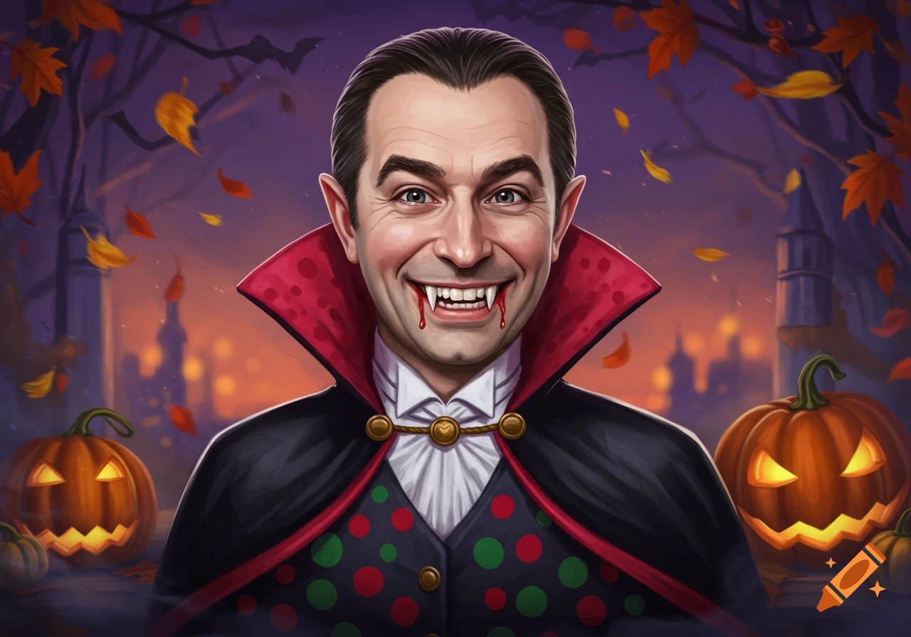 Smiling man in a cartoon vampire costume with fangs and blood, surrounded by jack-o'-lanterns and autumn leaves.