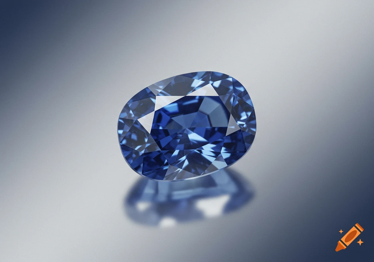 A brilliant oval-cut blue sapphire gemstone reflects light on a smooth, gradient gray surface.