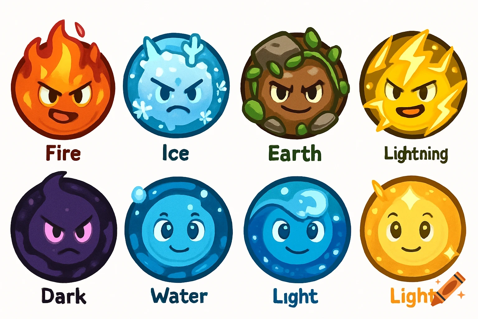 Eight cute, cartoon-style circular elemental brawlers: Fire, Ice, Earth, Lightning, Dark, Water, Light, and another Light brawler.