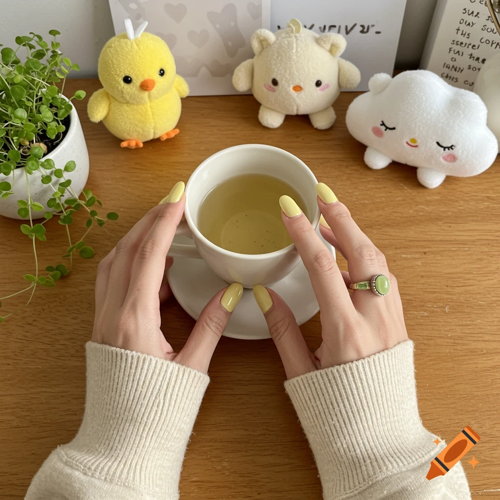Hands with yellow nails holding a cup of tea on a wooden table, surrounded by cute plush toys and a potted plant in a cozy, pastel aesthetic.