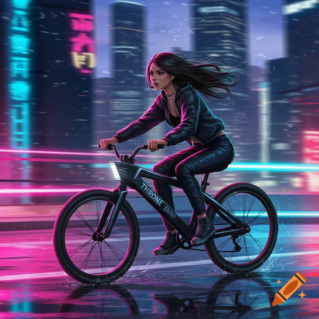 A woman with long dark hair rides a black e-bike down a wet cyberpunk city street at night, with bright neon signs reflecting on the pavement.