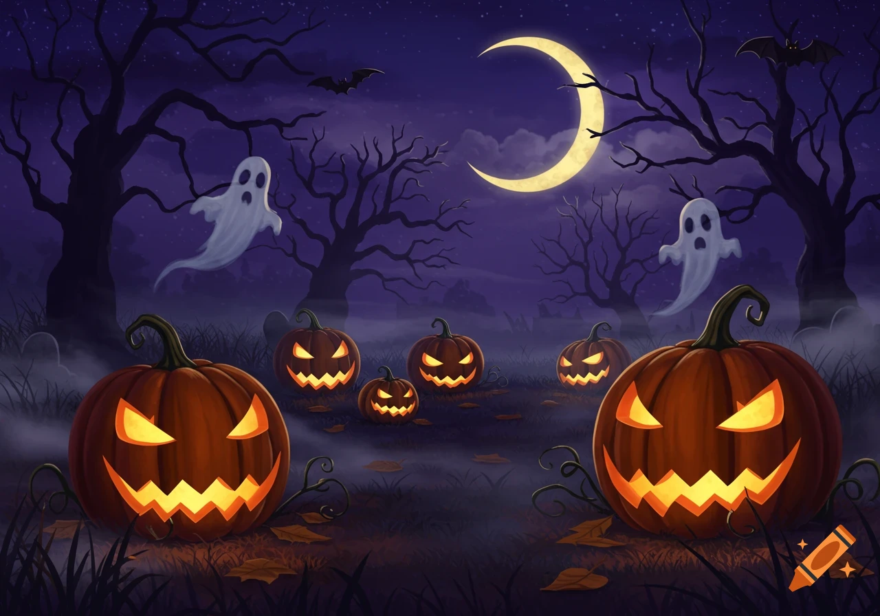 A spooky Halloween night illustration with glowing jack-o'-lanterns, ghosts, bats, and bare trees under a crescent moon.