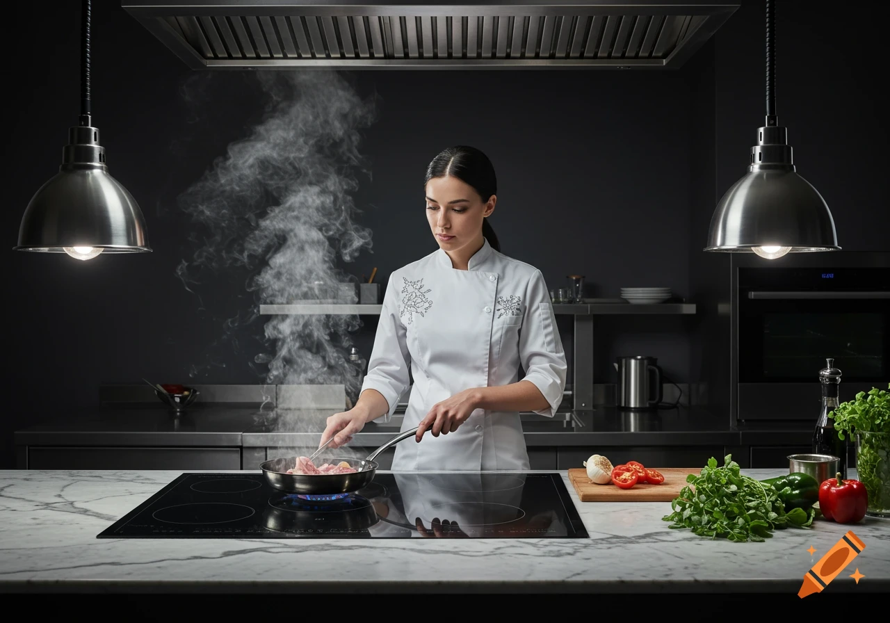 A female chef in a white uniform cooks meat in a pan on a modern stovetop, with steam rising and fresh vegetables on a marble counter.