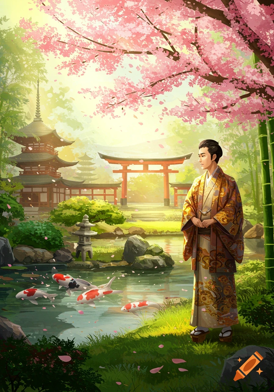 A man in traditional Japanese attire stands in a serene garden with pagodas, a torii gate, a koi pond, and cherry blossoms.