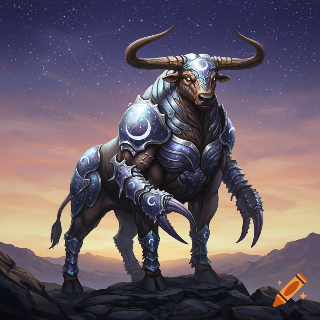 A powerful minotaur-like creature with brown fur and blue celestial armor featuring moon and star patterns, standing on a rocky mountain against a starry night sky and sunset horizon in a fantasy art style.
