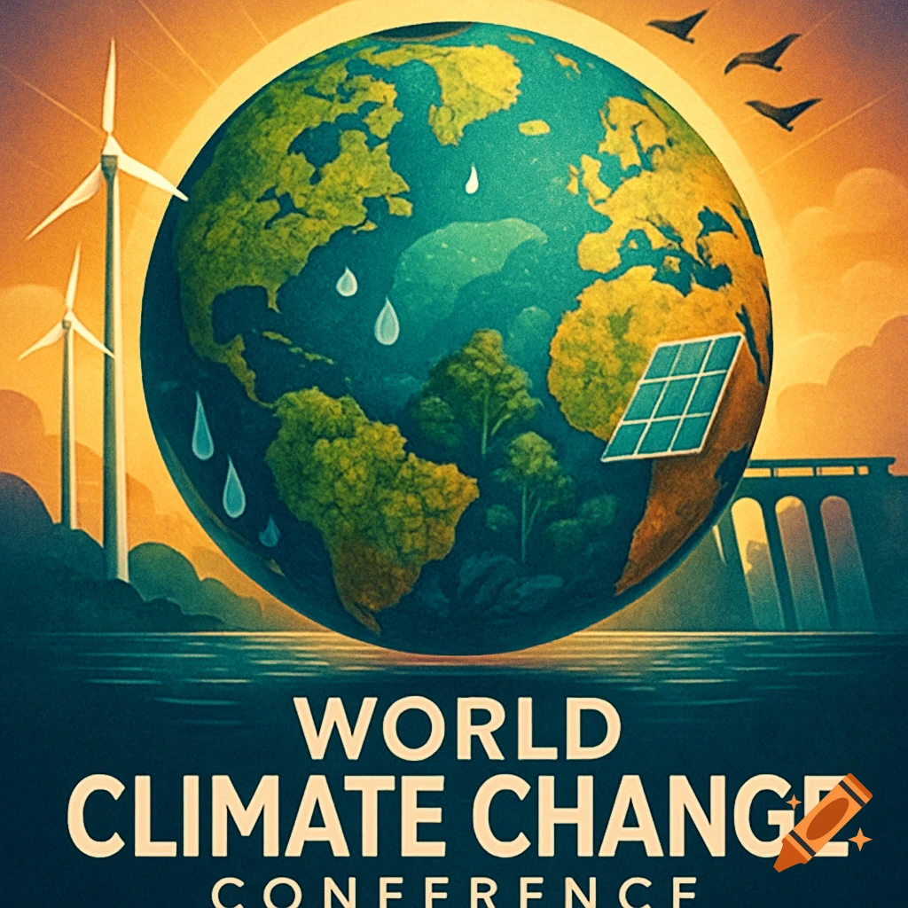 A vibrant poster with a large globe, wind turbines, solar panel, and dam against an orange sky, with text 'WORLD CLIMATE CHANGE CONFERENCE'.
