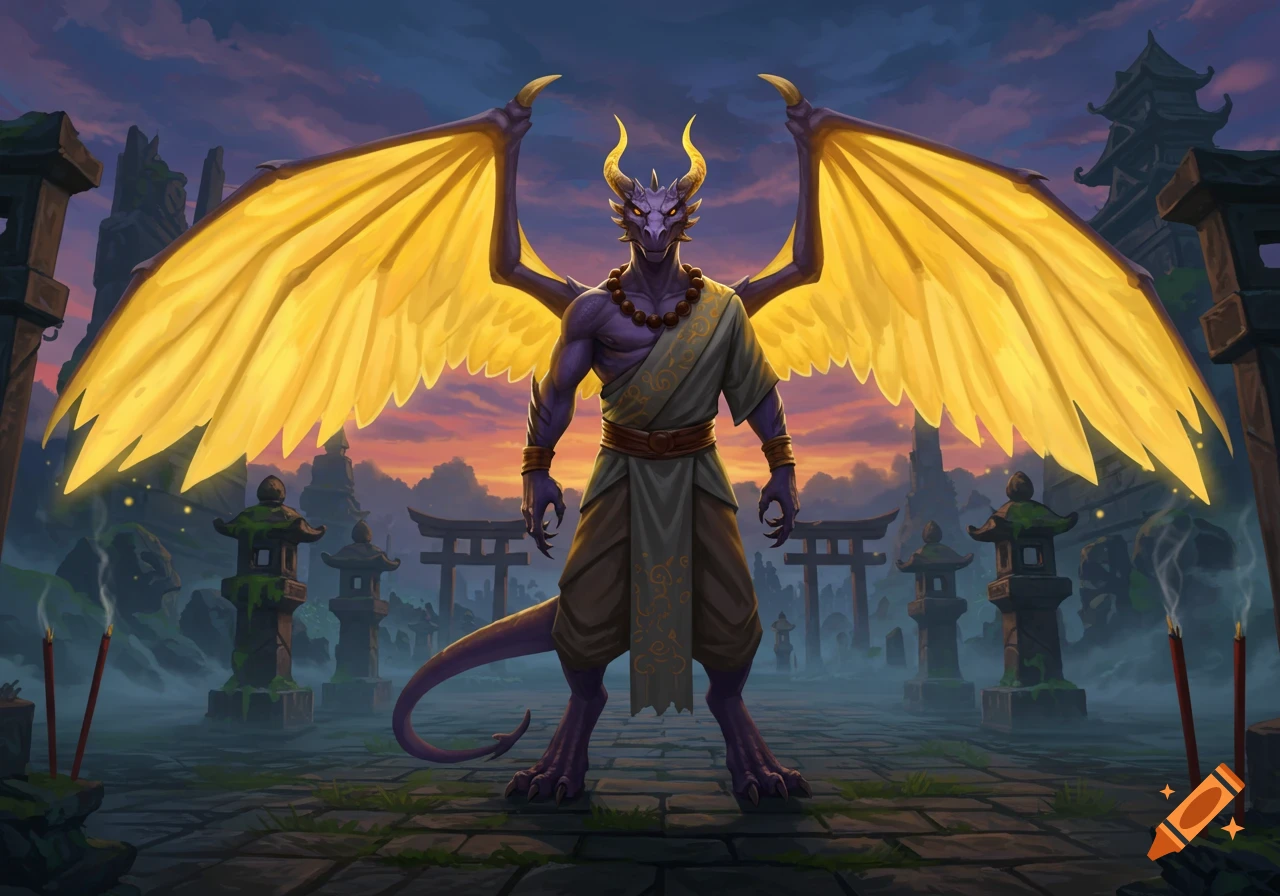 A purple dragonborn monk with large golden wings and horns stands in an ancient, misty temple setting at dusk.