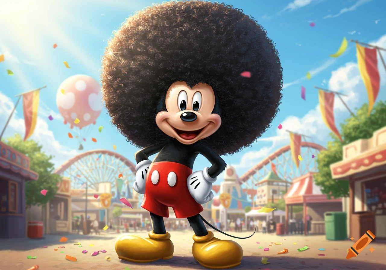 Mickey Mouse with a large afro stands smiling with hands on hips in a sunny, vibrant theme park with confetti.
