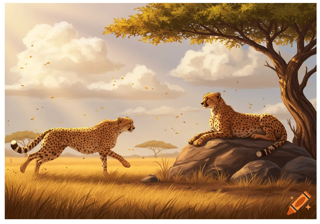 An illustrative scene of two cheetahs in a sunny savanna, one walking in golden grass, the other resting on a rock.