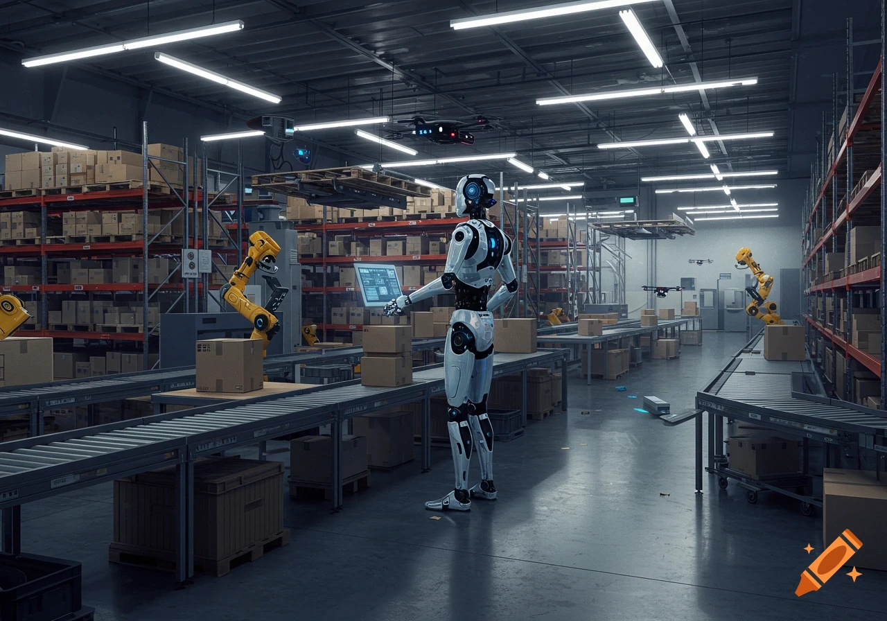 A humanoid robot oversees operations in a modern, automated warehouse with robotic arms, conveyor belts, and drones moving packages.