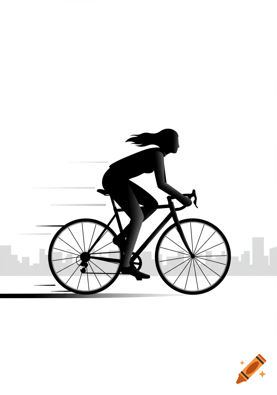Black and white graphic illustration of a female cyclist on a racing bike, viewed from the side, with speed lines and a city skyline.