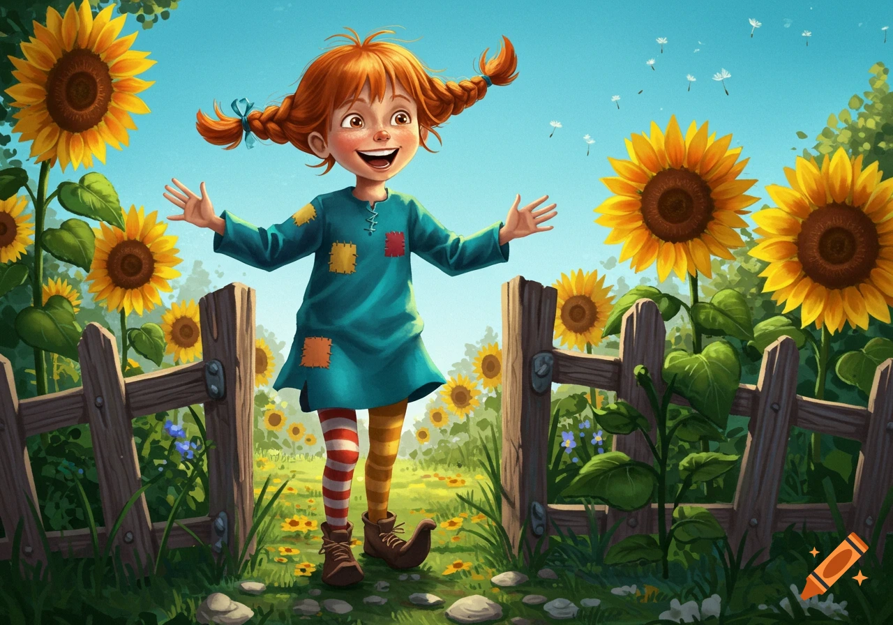 A vibrant illustration of a cheerful Pippi Longstocking with red pigtails, standing in a field of sunflowers behind a wooden fence under a blue sky.