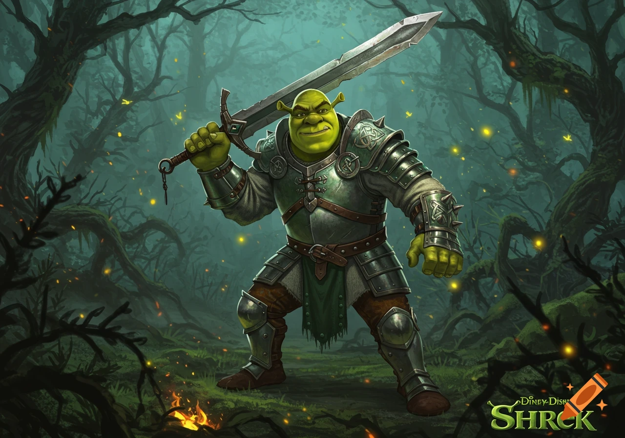 Shrek, wearing green medieval armor and holding a large sword over his shoulder, stands defiantly in a dark, magical forest with glowing fireflies.