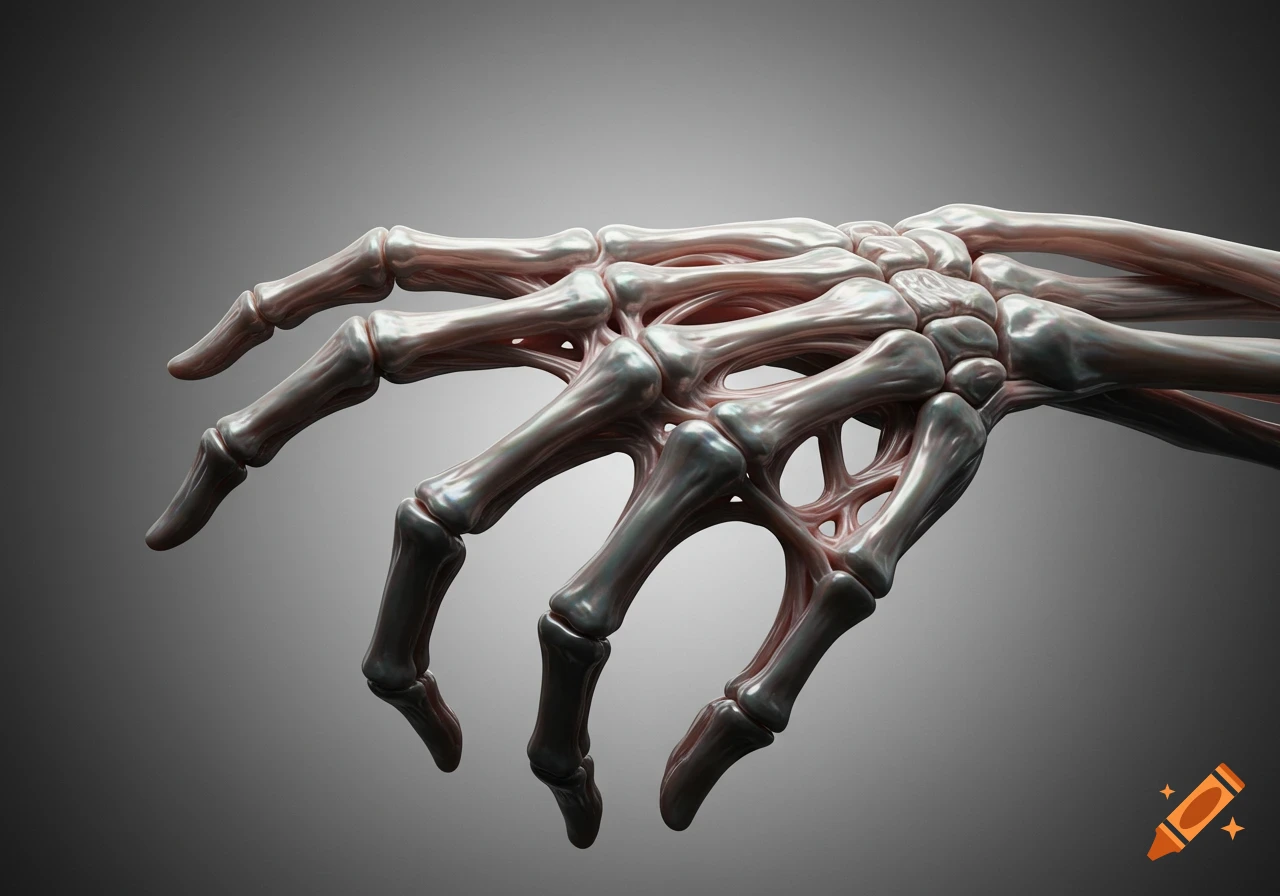 Photorealistic 3D render of a stylized, deformed human hand skeleton with web-like structures on a gray gradient background.