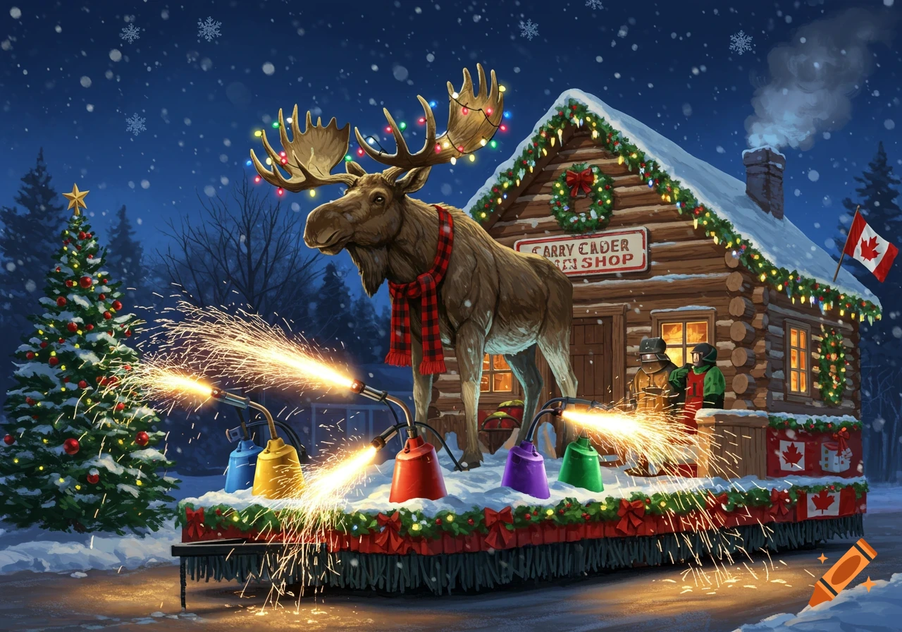 A festive Christmas parade float features a large moose with holiday lights on its antlers and a plaid scarf, in front of a snow-covered log cabin. Welding torches on the float emit bright sparks, with a Christmas tree and Canadian flag visible.