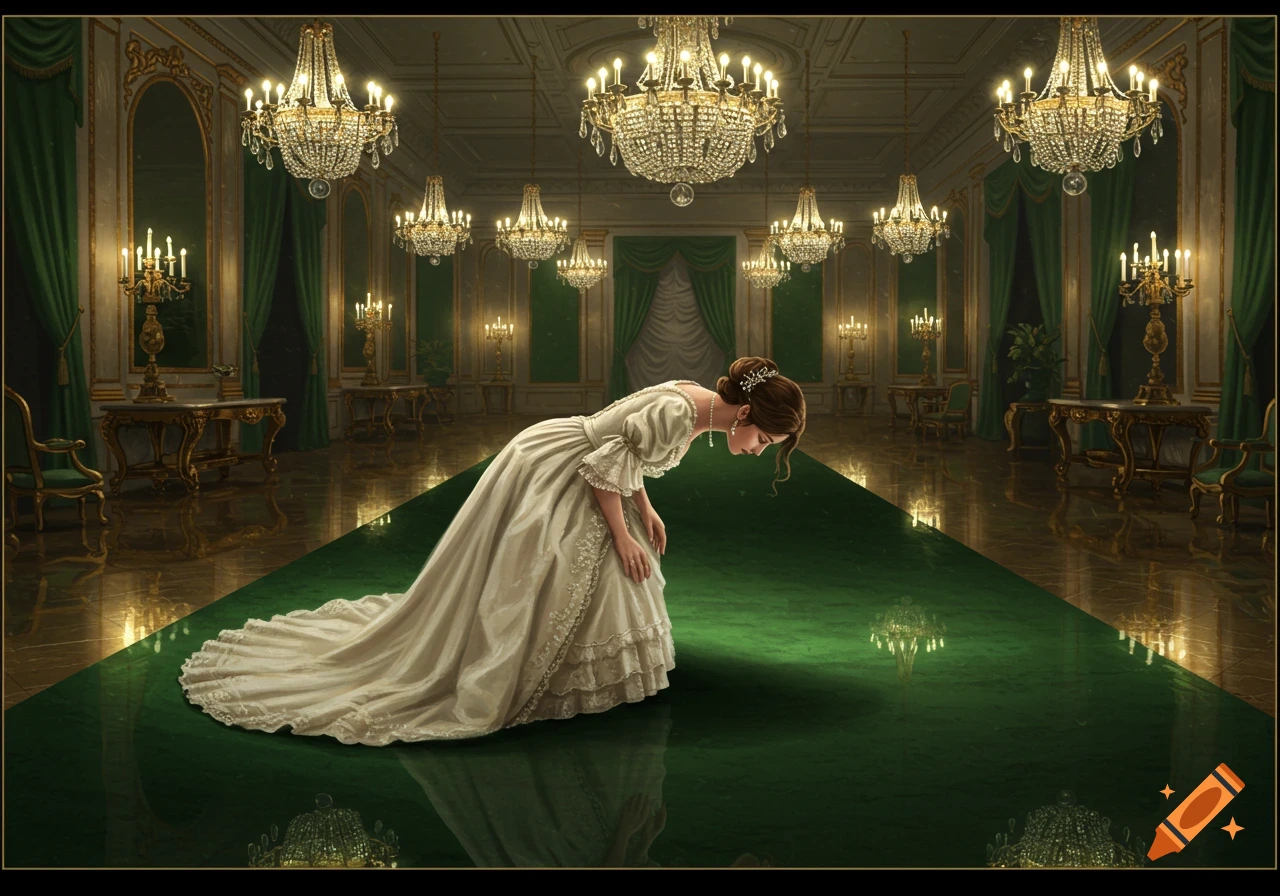 A woman in an ivory gown bows on a green carpet in a grand ballroom with many crystal chandeliers, with her reflection visible.