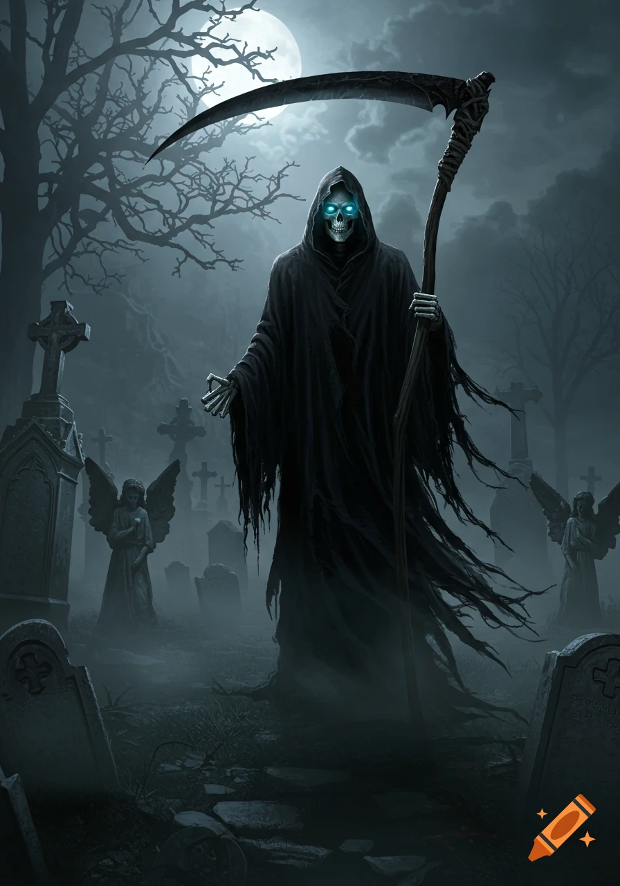 A dark, cloaked Grim Reaper with glowing blue eyes stands in a misty graveyard under a full moon, holding a large scythe.