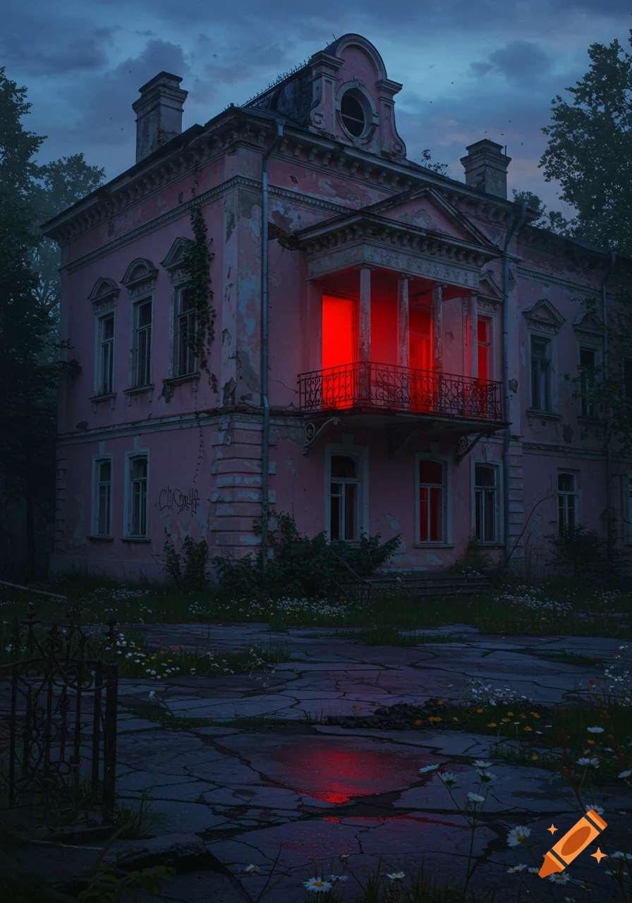 Eerie, abandoned pink Victorian building with a bright red light from a balcony, reflecting in a puddle on cracked ground at twilight.