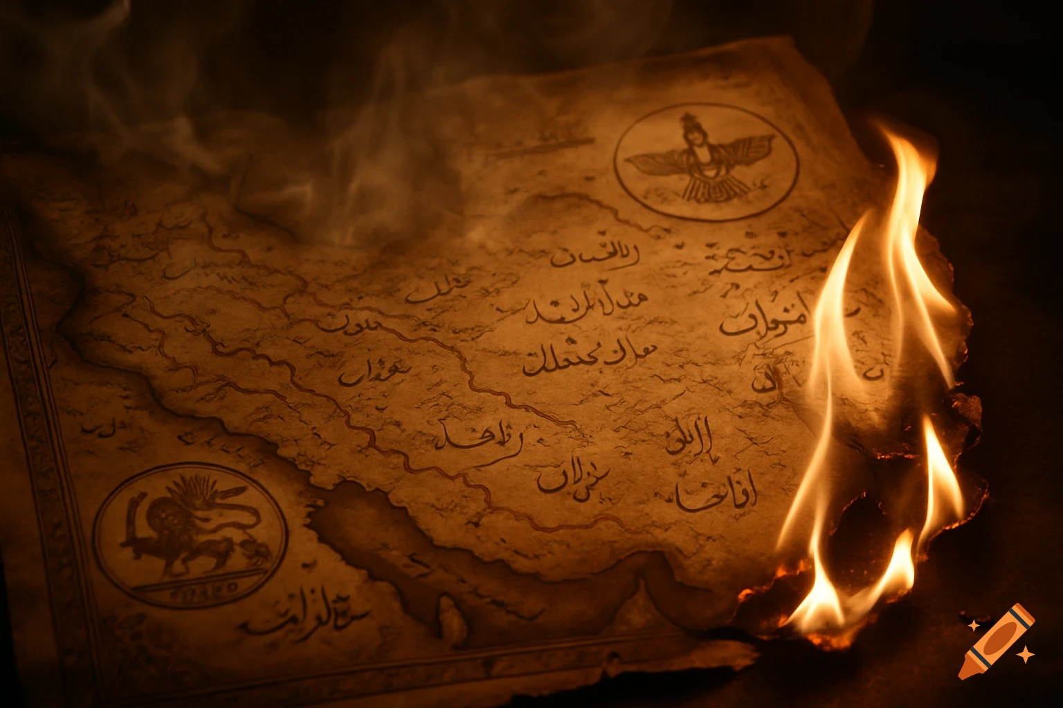 An old, detailed Persian map with intricate borders and text, slowly burning from the right edge with smoke rising.