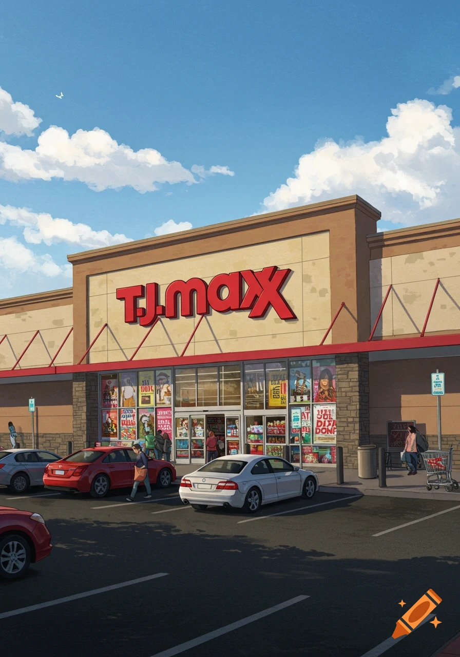 An illustration of a TJ Maxx store with its red logo, a busy parking lot, and people entering and exiting under a bright blue sky with clouds.