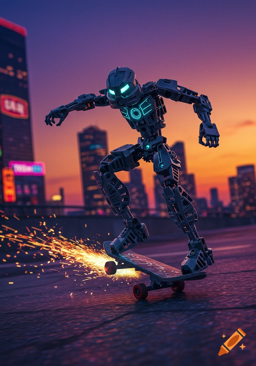 A dark bionicle-like robot with glowing blue eyes and chest rides a skateboard, creating sparks, against a vibrant sunset city skyline.
