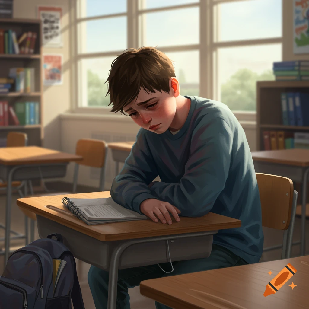 A sad middle school student with red cheeks sits slumped at a desk in a brightly lit classroom, looking down at a notebook.
