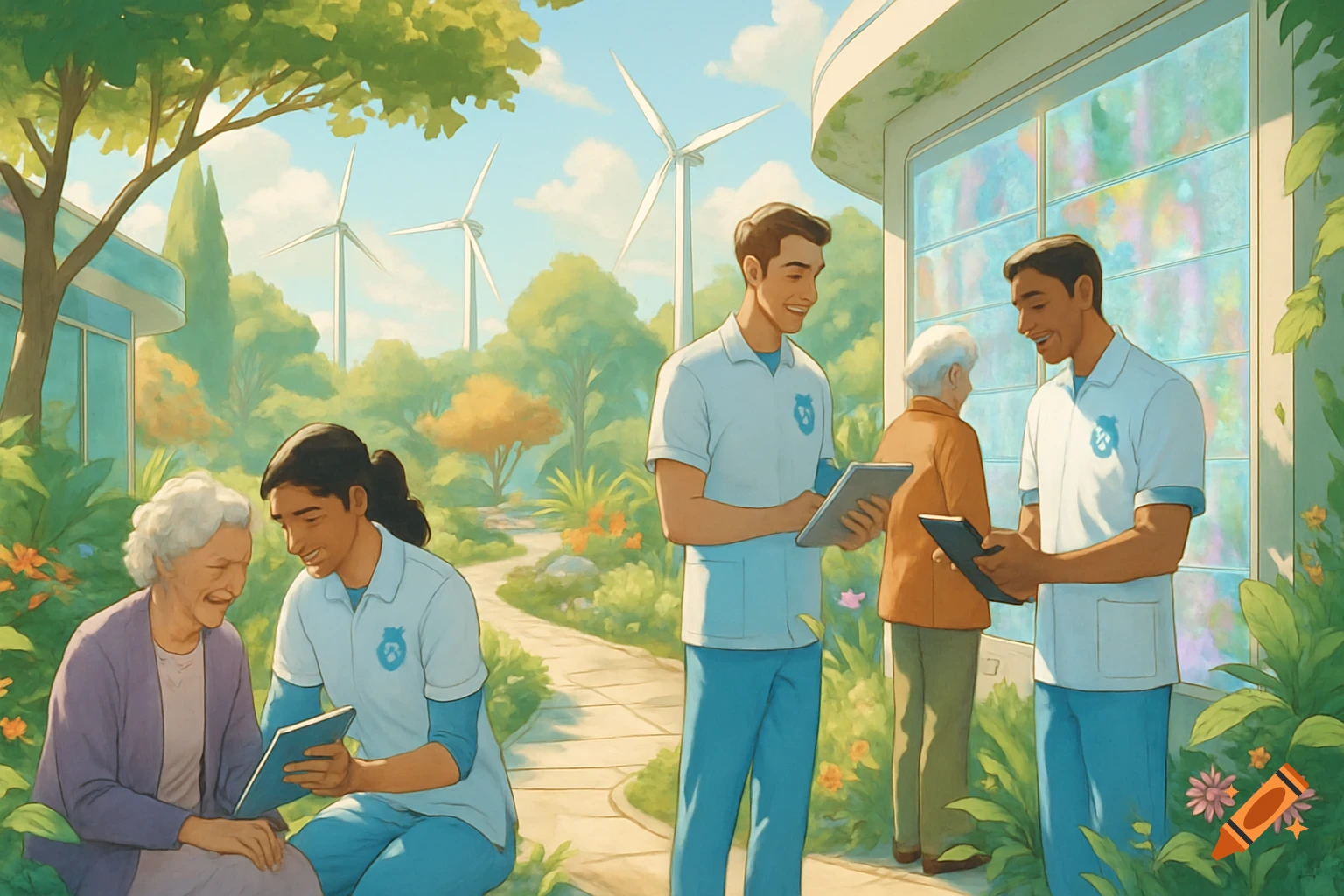 A vibrant solarpunk scene of diverse caregivers in uniform assisting elderly people in a lush garden with wind turbines and a modern building with colorful windows, in a serene, sunny setting.
