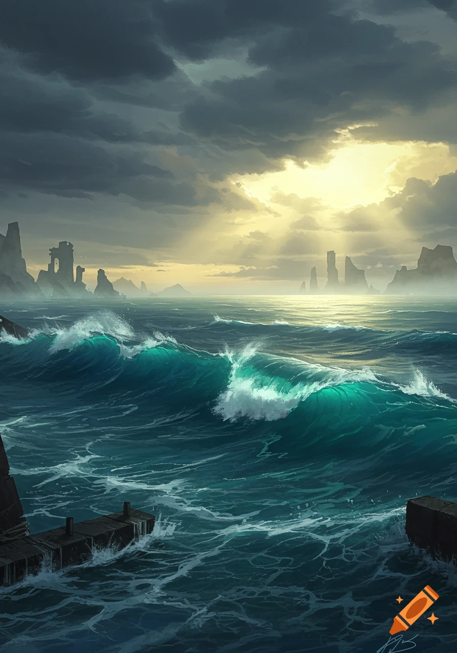 A dramatic stormy seascape with large teal waves crashing, dark clouds, sun rays breaking through, and distant rock formations.