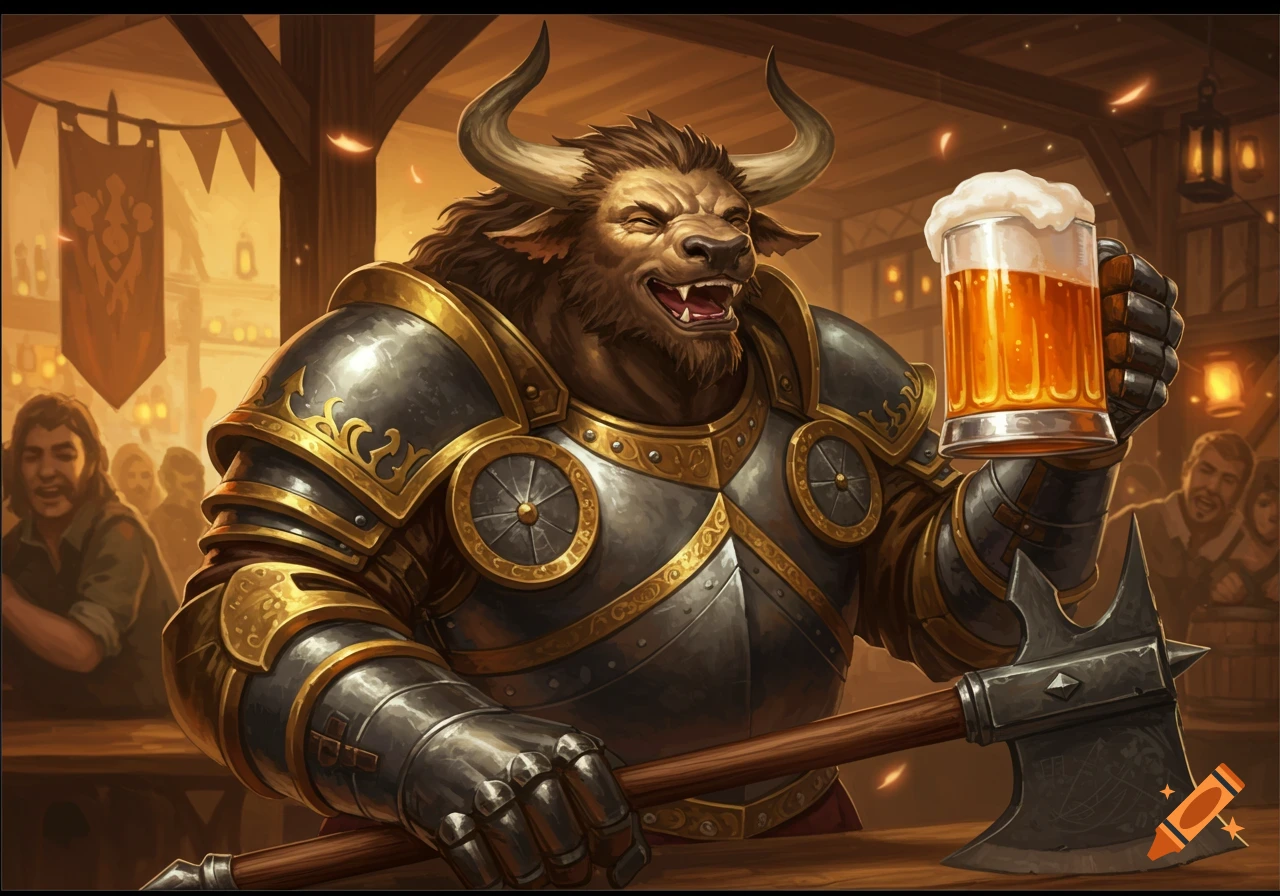 A happy minotaur in golden and dark armor holds a frothy beer mug and an axe in a busy tavern.