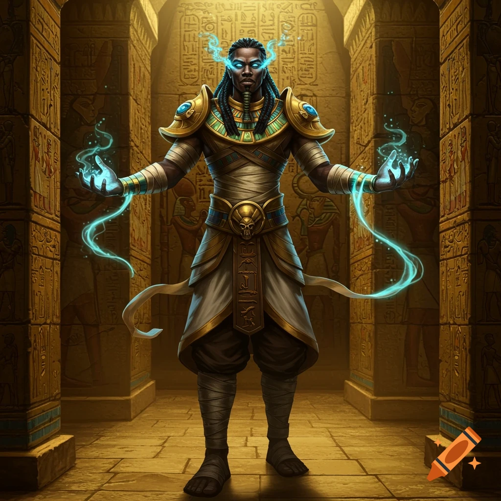 A dark-skinned male warlock with glowing blue eyes and energy, in gold and bandage Egyptian armor, in a hieroglyph-covered tomb.