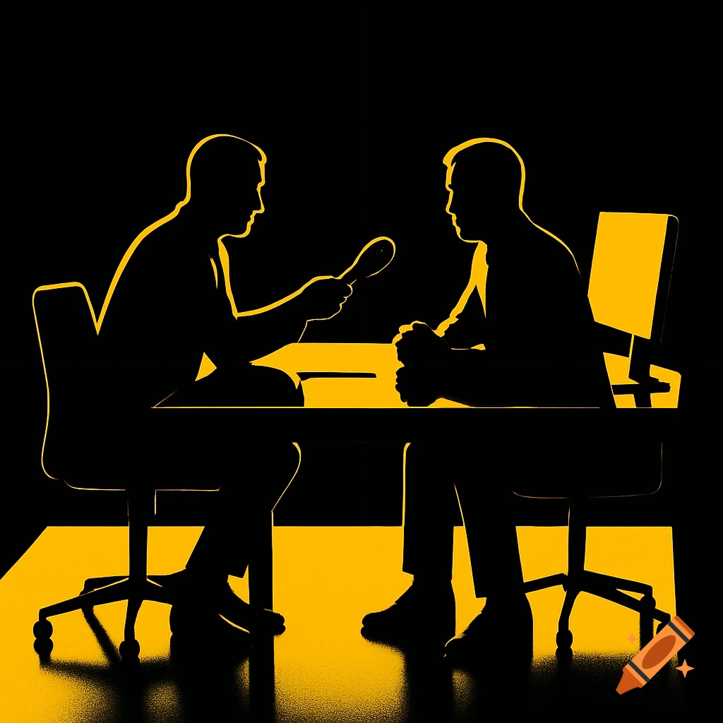Two silhouetted figures in a black and yellow minimalist style sit at a table, one holding a microphone as if conducting an interview.