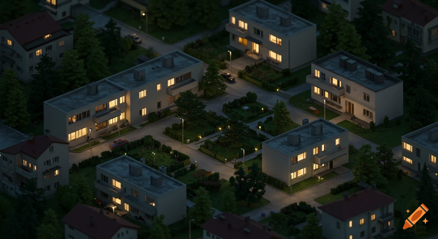 Hyper-realistic isometric aerial view of a mid-century Austrian residential neighborhood at dusk, with illuminated windows and streetlights.