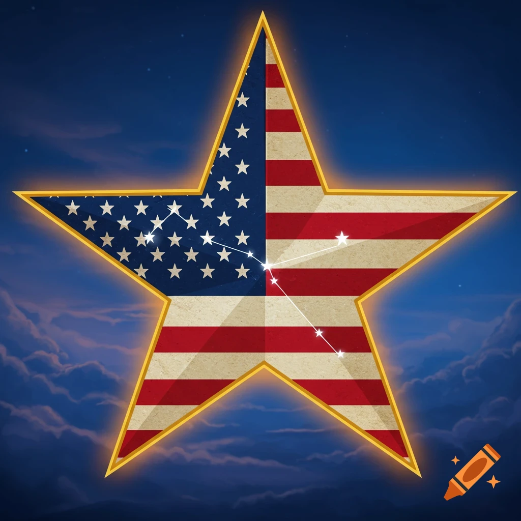 A star design with the American flag, featuring the blue field with stars on the left and red and white stripes on the right, with constellations overlaid, against a cloudy night sky.