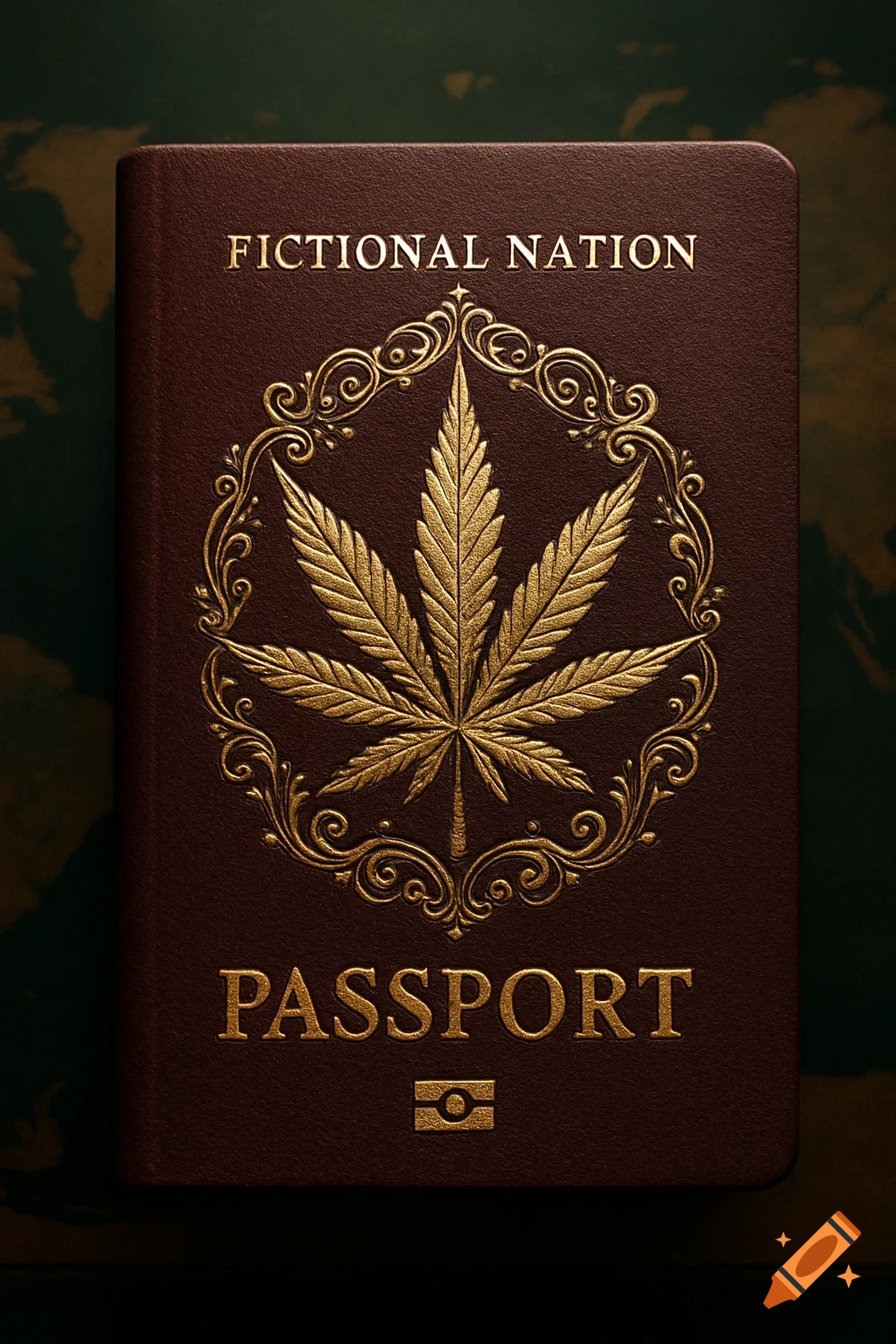 A photorealistic close-up of a brown passport with gold foil text 'FICTIONAL NATION' and 'PASSPORT', featuring a prominent gold cannabis leaf emblem.