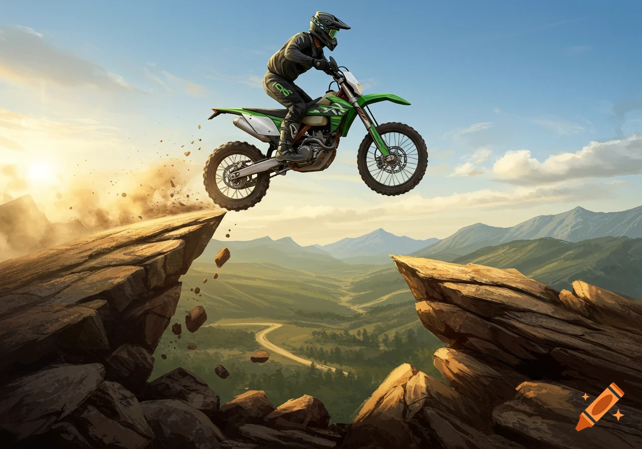 A dirt bike rider on a green motorcycle jumps over a large rocky chasm with dust and debris, against a backdrop of mountains and a valley at sunset.