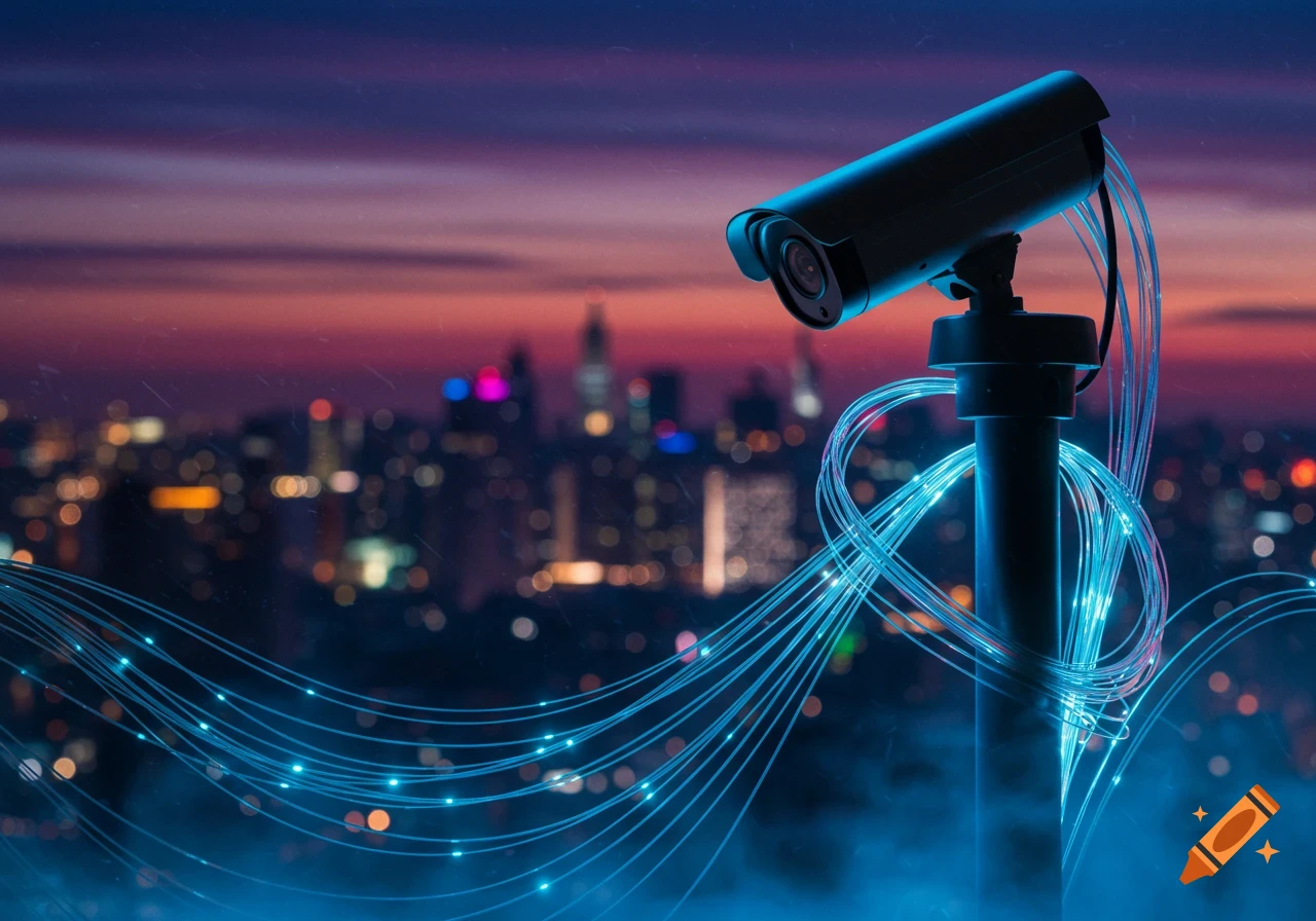 CCTV camera with glowing blue fiber optic cables overlooking a blurred city skyline at sunset.