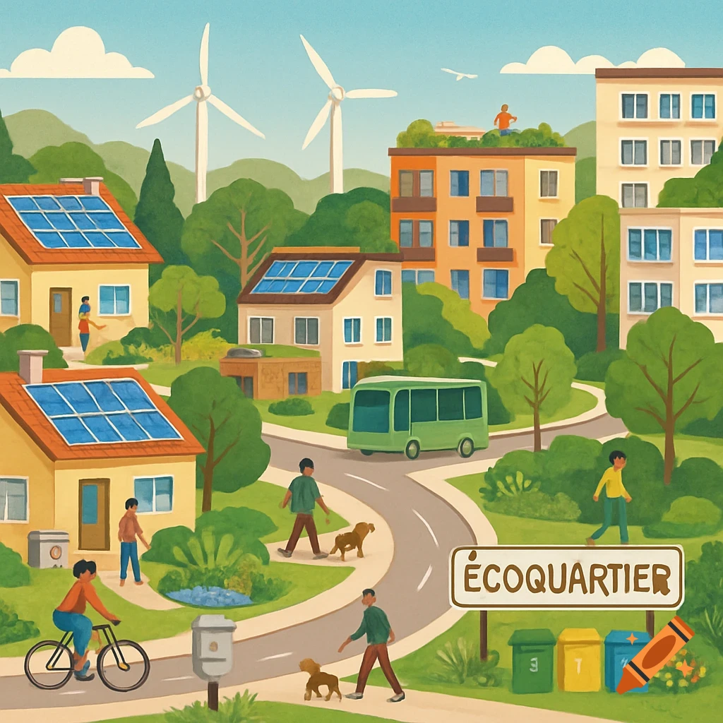 Illustrated eco-neighborhood with solar-paneled homes, wind turbines, people walking, cycling, a bus, and recycling bins.