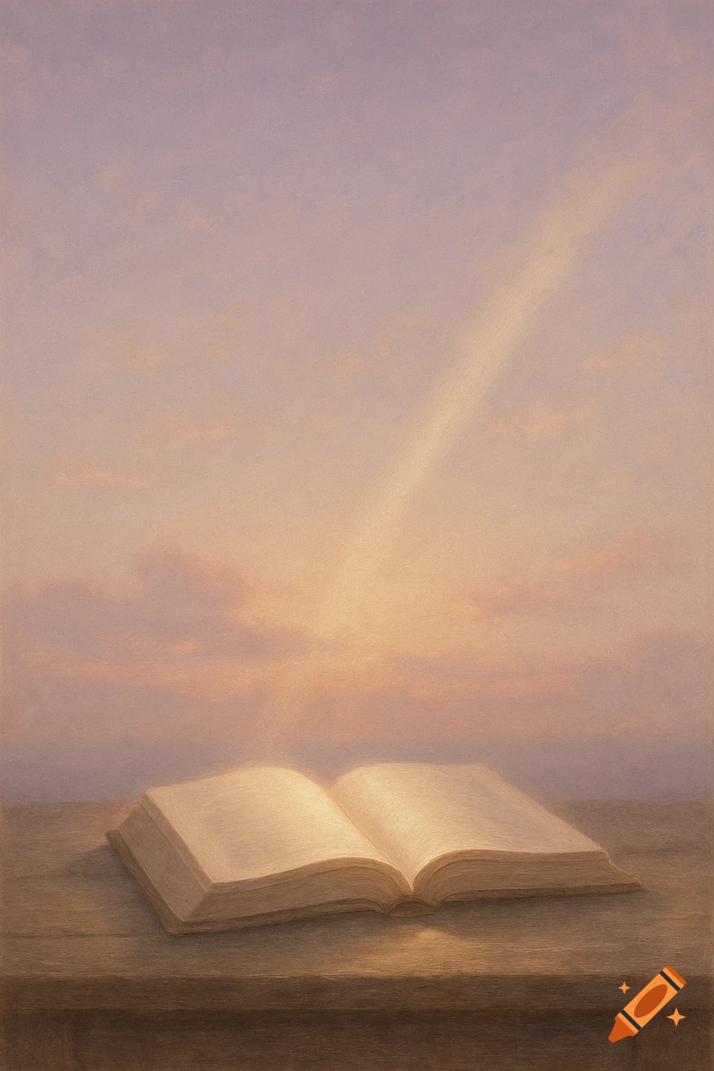 An open book on a wooden surface emits a ray of light into a serene, pastel-colored sky with soft clouds, in a painterly style.