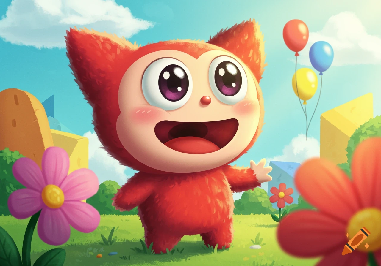 A cute red cartoon creature with big eyes and an open mouth smiles in a colorful grassy field with flowers and balloons under a blue sky.