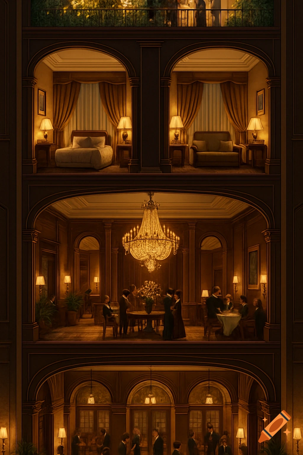 A detailed vertical cross-section illustration of a multi-story hotel, showing guests in a grand lobby and ballroom, and elegant rooms above.