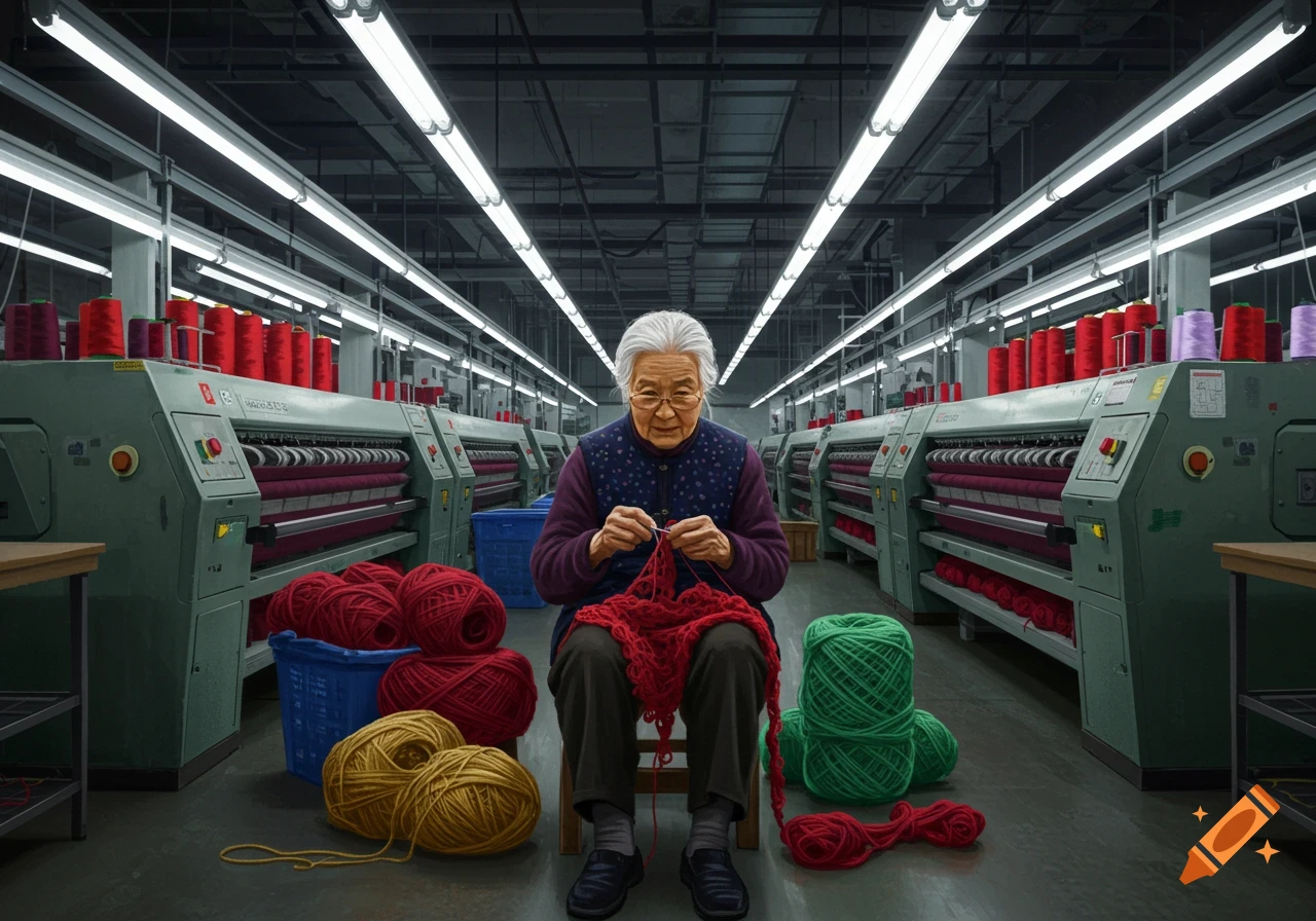 An elderly woman with white hair and glasses sits crocheting a red garment in a large industrial factory, surrounded by yarn and textile machinery.
