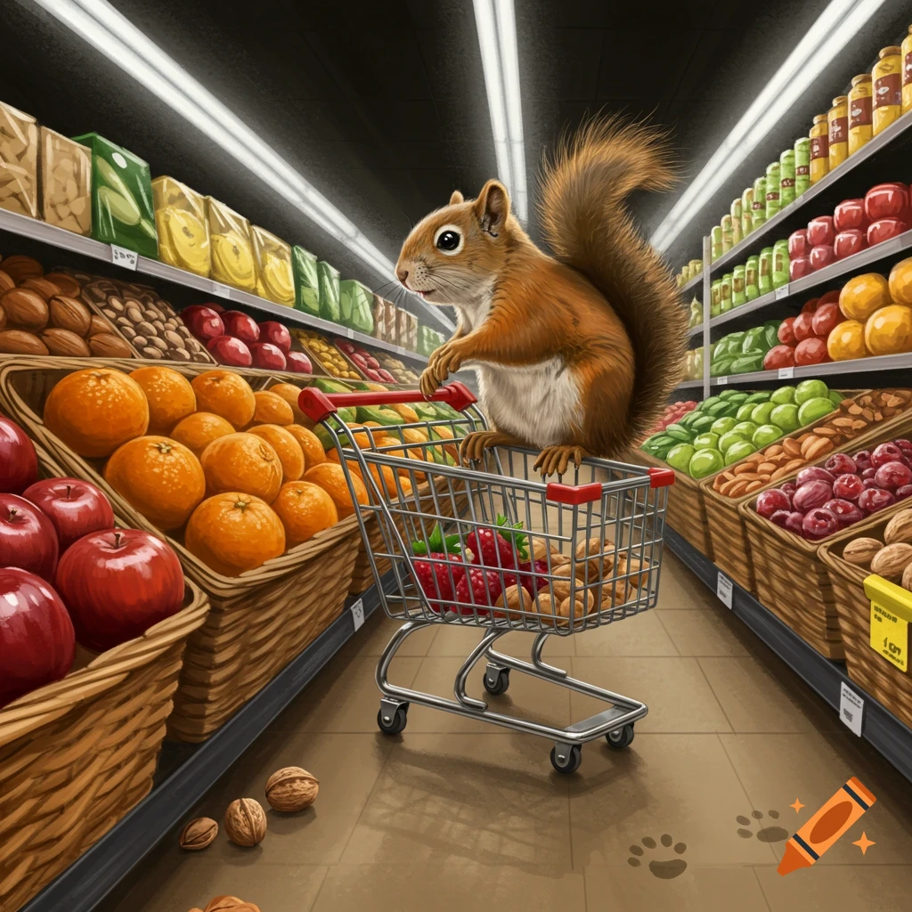 A cute brown squirrel pushes a miniature shopping cart filled with strawberries and nuts down a supermarket aisle, past shelves of fruits and packaged goods. Paw prints are on the floor.