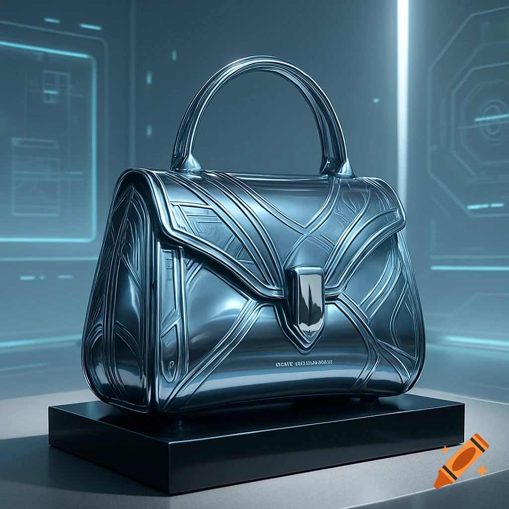 Sleek, metallic futuristic handbag with geometric patterns on a black pedestal in a blue-lit tech environment.