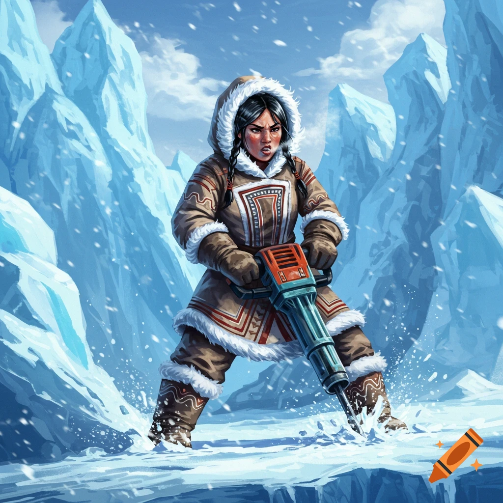 An Indigenous woman in a fur-trimmed parka jackhammers through ice in a snowy, glacial landscape, depicted in an illustration style.